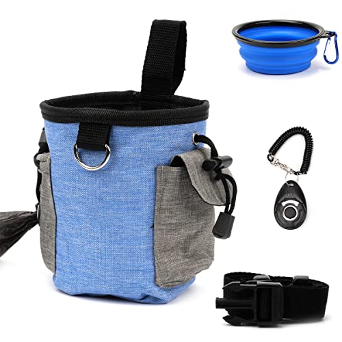 Dog Treat Pouch Bag with Dog Bowl, Pet Training Clicker Puppy Dog Training Snack Bag Built-in Poop Bag Dispenser Zipper Pocket with Adjustable Waist Belt Pouch Hand-Free for Dog Walking Training (Blue)