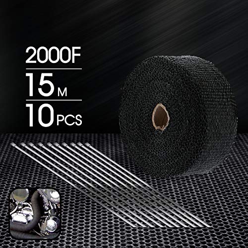 Heat Resistant 2000F Exhaust Wrap Black 15M*50mm + 10 Stainless Steel Ties