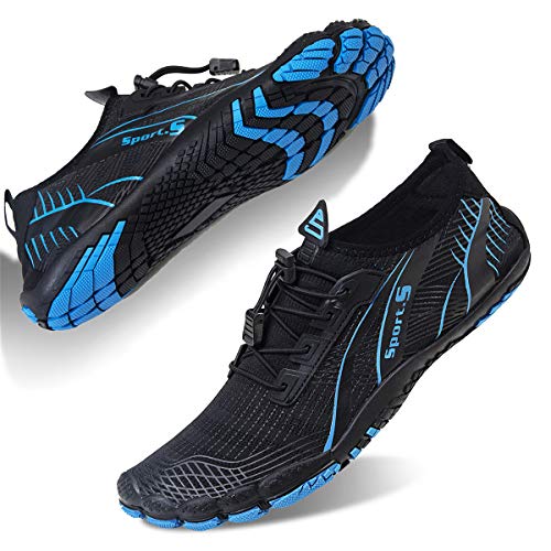 Water Shoes for Men Barefoot Quick-Dry Aqua Sock Outdoor Athletic Sport Shoes for Kayaking, Boating, Hiking, Surfing, Walking, M-black/Blue, 12 Women/11 Men