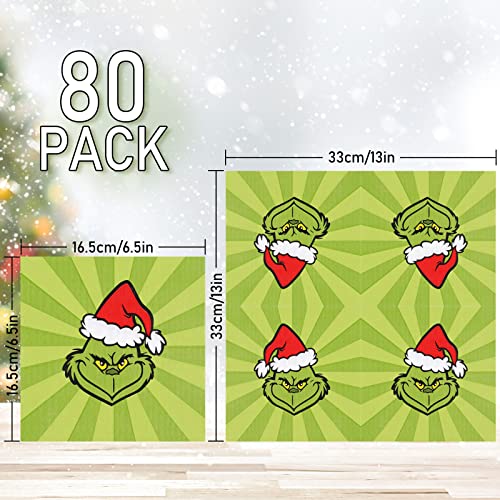 Whaline 80 Pack Christmas Paper Napkins 6.5 Inch Cute Red Green Disposable Napkins Xmas Cartoon Character Merry Christmas Dinner Table Napkins for Christmas Winter Holiday Birthday Party Supplies