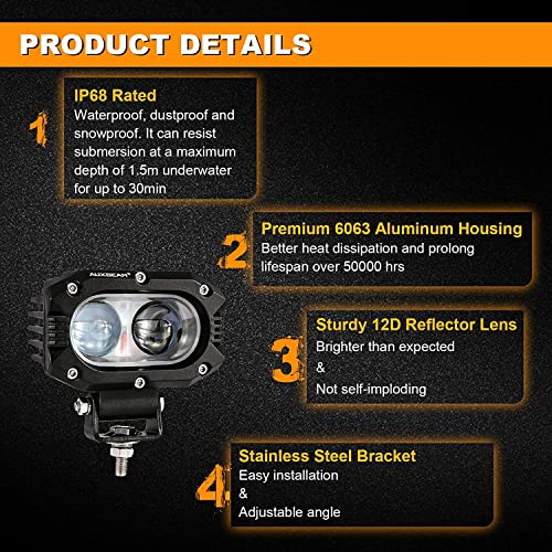 Auxbeam 4 Inch LED Square Pod Light, 60W Led White Spot Beam Driving Light Fog Light with DT Wiring Harness for Jeep Wrangler Truck Pickup SUV ATV UTV