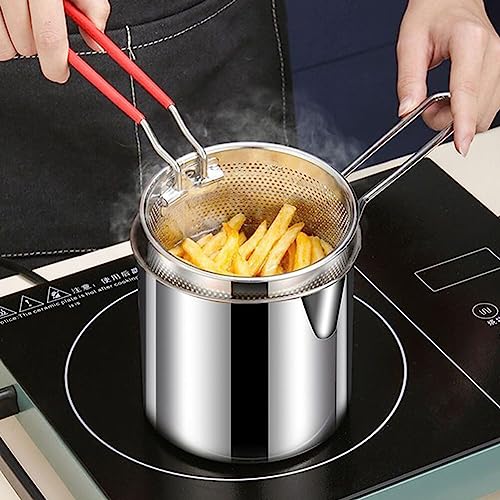 4.7Inch Stainless Steel Fry Pot with Lid and Strainer Basket Stove Top Deep Fryer Japanese Tempura Deep Fryer Basket for French Fries Chicken Wings Shrimp with Stove Ring