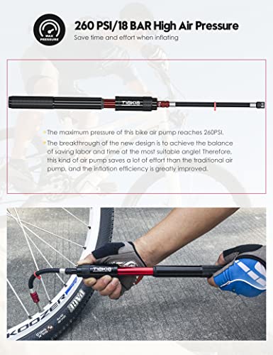 Tiakia Mini Bike Pump,Portable Compact Bicycle Pump ,High Pressure Frame Pump 260PSI- Air Hand Pump Fit Presta, Schrader & Woods Valves,Aluminum Alloy Durable Tire Pump for Road/Mountain/BMX Bikes