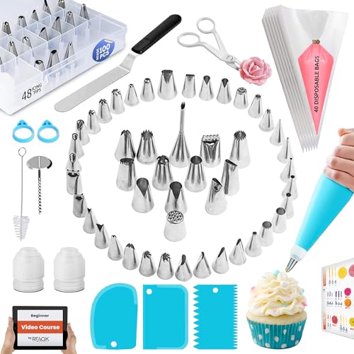 100PCs Piping Bags and Tips Set -48 Numbered Icing Tips, Cookie Cupcake, Cake Decorating Kit Baking Supplies Tools Cake Frosting Piping Tips, Reusable & Disposable Pastry Bags Icing Spatula & Smoother