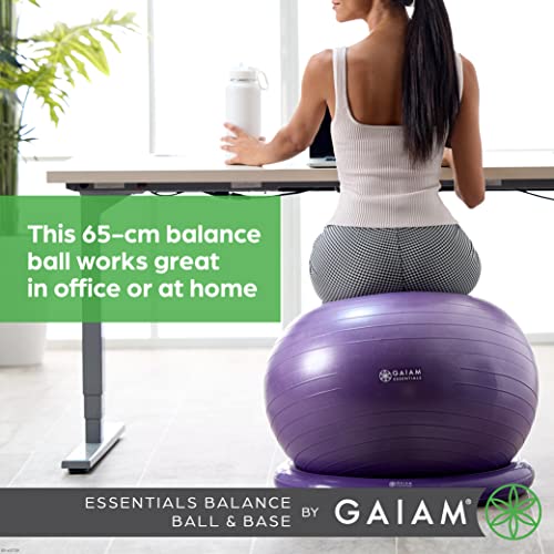 Gaiam Essentials Balance Ball & Base Kit, 65cm Yoga Ball Chair, Exercise Ball with Inflatable Ring Base for Home or Office Desk, Includes Air Pump - Purple