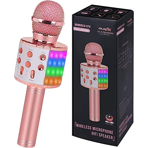 Kids Karaoke Microphone Machine Toy Bluetooth Microphone Portable Wireless Karaoke Machine Handheld with LED Lights, Children Adults Birthday Party, Home KTV(Rose Gold)