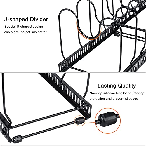 Toplife Expandable Pans Organizer Rack, 10 Adjustable Compartments, Cookware Holder for Pantry or Cabinet, Black