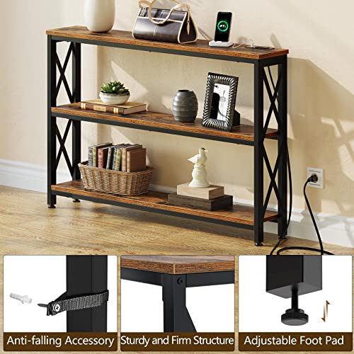 Rolanstar Sofa Table with Charging Station, 3 Tier Narrow Console Storage Shelf and Power Outlet, 47” Entryway Metal Frame Behind Couch Hallway Entrance for Living Room