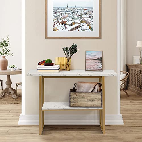 Giantex 2-Tier Console Table, White Faux Marble Sofa Table w/Open Shelf, Gold Steel Frame, Modern Entryway Table Compact Rectangular Foyer Table, Narrow Couch Table for Living Room, Hallway