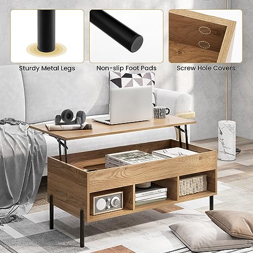 Costway Lift Top Coffee Table, Coffee Station Table with Hidden Compartment, Rising Tabletop, 3 Open Cubbies, Mid-Century Modern Coffee Table for Living Room Reception Room Apartment