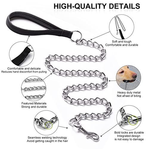 Chain Anti Bite Metal Dog Lead Dog Chain Lead Heavy Duty for Dogs Training and Walking with Padded Handle Black