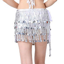 ZLTdream Belly Dance Fringe Hip Scarf Wrap Skirt Festival Four-Rows Bling Sequins Tassel Skirt Rave Shinny Glitter Skirt, Silver, One Size