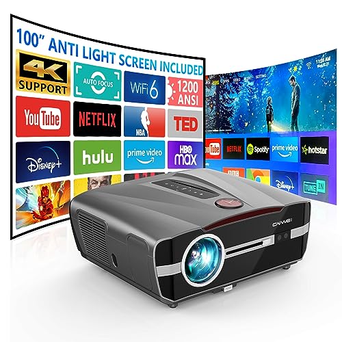 4K Projector Auto Focus HDR WiFi 6, Smart Daylight Projector 4K High Lumen 1200 ANSI LED 1080P Native Ultra HD Ceiling Mounted Home Theater Wedding Indoor Outdoor with Bluetooth HDMI USB Ethernet Apps