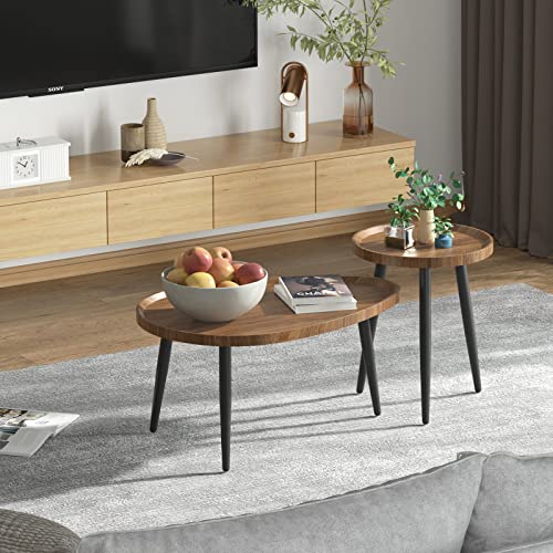 Coffee Table Nest Table Sets: Set of 2 Nesting Coffee Table Oval Wooden Diameter 80cm Industrial Accent Tables Living Room MDF Wood Centre Tables with Metal Legs for Home,Condos,Hotel