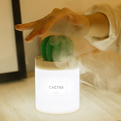 (Cactus, Night Light) - AmuseNd USB Cool Mist Humidifier with Night Light, Mini Size Cactus Humidifier for Bedroom Home Office Car 280ml 50ml/h with Timed auto shutdown