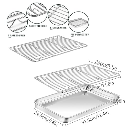 12.4inch x 9.7inch Small Toaster Oven Pan with Grid Rack Set, Stainless Steel Toaster Oven Tray Baking Pan with Cooling Rack for Oven Cooking Roasting