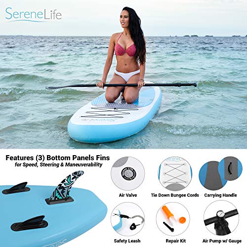 SereneLife Inflatable Stand Up Paddle Board (6 Inches Thick) with Premium SUP Accessories & Carry Bag | Wide Stance, Bottom Fin for Paddling, Surf Control, Non-Slip Deck | Youth & Adult Standing Boat