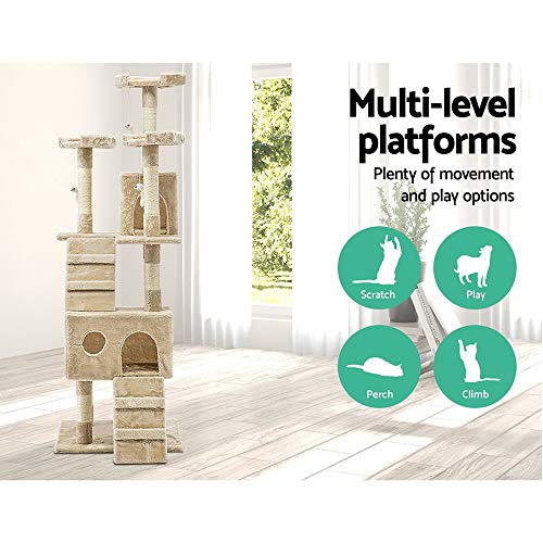 i.Pet Cat Tree Large Cats Tower Ultimate Scratching Post, 180cm Height Beige Pet Scratcher Cardboard Posts Indoor Kittens Wooden Play House Towers and Trees Corner Toys, with Condo Ladder Hanging Toy