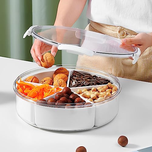 Square/Round Divided Serving Tray with Lid Removable Food Storage Containers with Individual Dishes Minimalist Divided Serving Platter Tray for Snack Candies Fruit Veggie Party Home (Round)