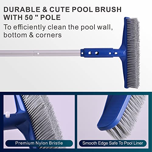 POOLAZA Pool Skimmer Net & Pool Brush Head with 50'' Aluminum Pool Pole,  Fine Mesh Pool Net Skimmer Plus 14 Sturdy Pool Brushes for Cleaning Pool  Walls, Ideal Pool Cleaning Kit for Above Ground Pool