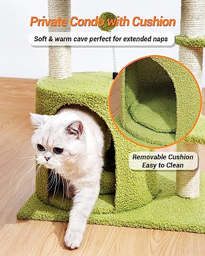 Cat Tree House 31.5 Inches Small Cat Tower with Cozy Condo & Hammock, Sisal Scratching Post & Interactive Ball for Indoor Cats Kittens (Green Small)