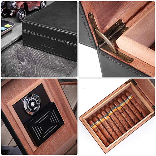 MEGACRA Cigar Humidor, Leather Surface Cedar Wood Lined Humidor Hygrometer Humidifier, Hold 10-20 Cigars
