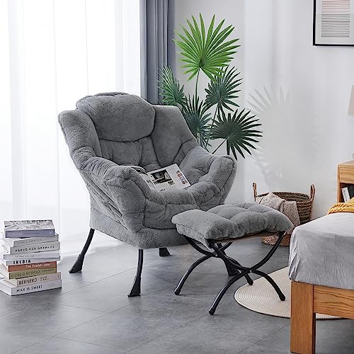 LITA Modern Lazy Chair with Ottoman, Accent Contemporary Lounge Single Leisure Upholstered Sofa Chair Set with Armrests and a Side Pocket for Reading, Living Room & Bedroom,Plush Grey
