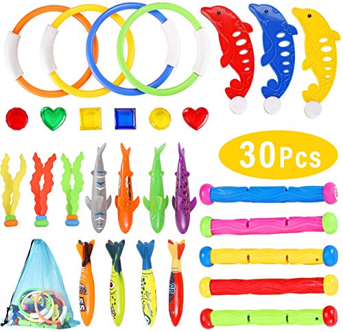 ZCOINS 30pcs Diving Pool Toys Underwater Swimming Pool Game Kit Diving Rings, Diving Sticks, Diving Fish, Diving Sharks, Diving Seaweeds, and Diving Gems Under Water Games