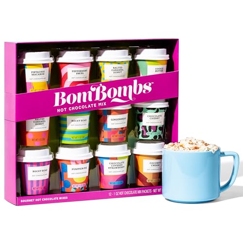 BomBombs, Hot Chocolate Mix Gift Set with Mini Cup Packaging, Dessert Flavours Include Rocky Road, Cookies Butter, Pumpkin Pie & More, Set of 12