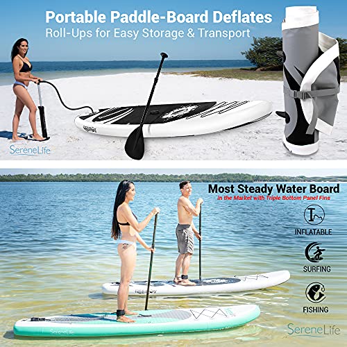 SereneLife Inflatable Stand Up Paddle Board (6 Inches Thick) with Premium SUP Accessories & Carry Bag | Wide Stance, Bottom Fin for Paddling, Surf Control, Non-Slip Deck | Youth & Adult Standing Boat