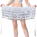 ZLTdream Belly Dance Fringe Hip Scarf Wrap Skirt Festival Four-Rows Bling Sequins Tassel Skirt Rave Shinny Glitter Skirt, Silver, One Size