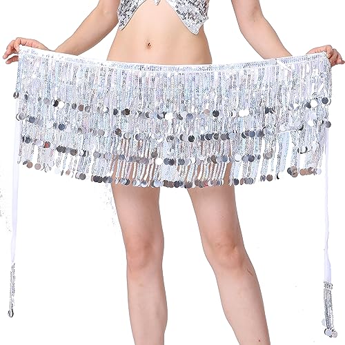 ZLTdream Belly Dance Fringe Hip Scarf Wrap Skirt Festival Four-Rows Bling Sequins Tassel Skirt Rave Shinny Glitter Skirt, Silver, One Size