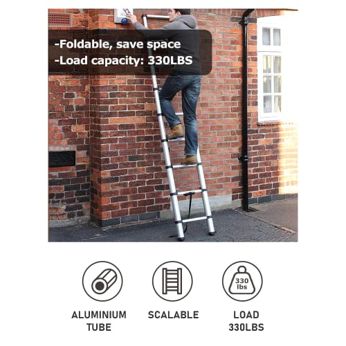 3.8M/12.5FT Telescopic Aluminium Ladder with Safety Hooks, Extension Compact Ladder Lightweight Folding Collapsible Ladder, Heavy Duty Non Slip Extend Climb Ladder, Independent Height Locking