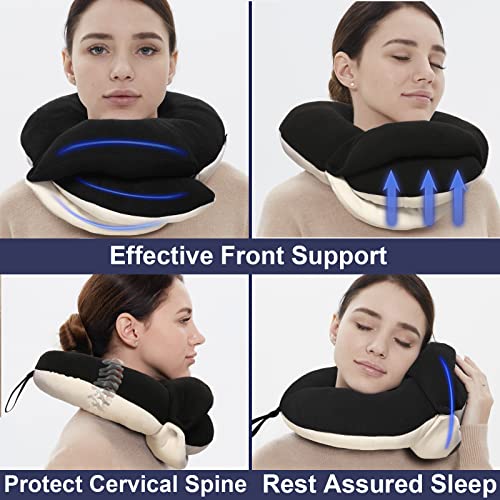 BUYUE Travel Neck Pillows for Airplanes, 360° Head Support Sleeping Essentials for Long Flight, Skin-Friendly & Breathable, Kit with 3D Contoured Eye Mask, Earplugs and Storage Bag (Adult, Black)