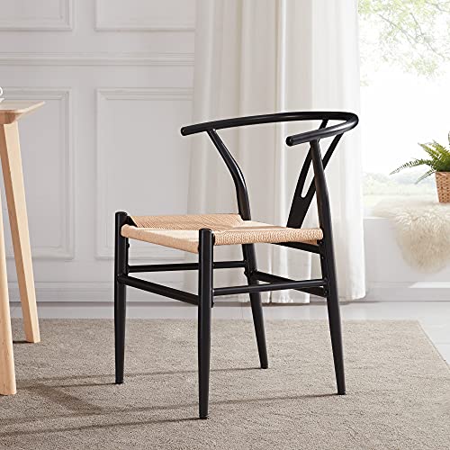 BELLEZE Black Kitchen Dining Room Chairs Set of 2, Modern Wishbone Indoor Dining Chairs with Mid-Century Metal Curved Backrest, Natural Weave Hemp Seat - Sorrento (Black)