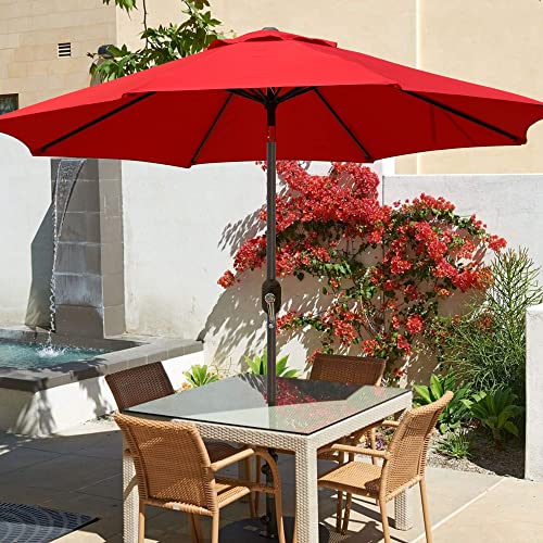 Blissun Patio Umbrella Aluminum Manual Push Button Tilt and Crank Garden Parasol (9ft Manual, Red)