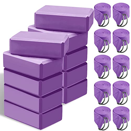 Outus 20 Pack Yoga Block and Yoga Strap Set 10 Pcs Non-Slip Yoga Blocks with 10 Pcs Metal D Ring Yoga Strap Stretching Exercise Workout Fitness Yoga Accessories EVA Foam Yoga Blocks for Gym (Purple)