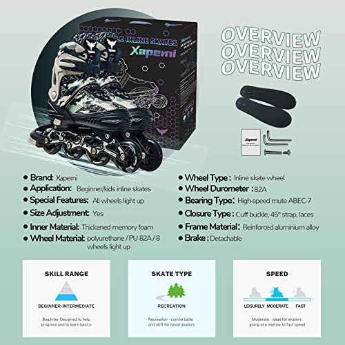 Adjustable Roller Blades, Inline Skates for Girls Kids, Light Up Adult Roller Blades Skates for Boys Girls Children Teens Women Outdoor Indoor(Black Camo)