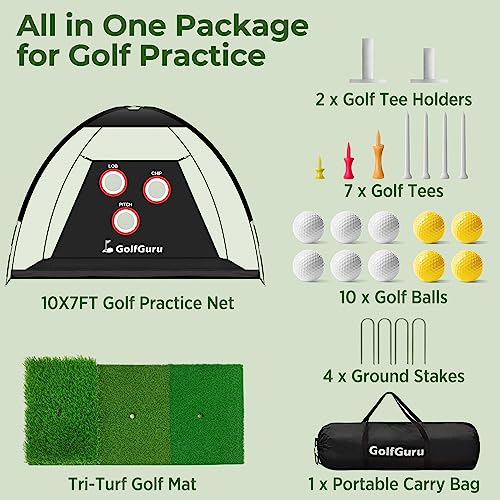 Golfguru Golf Net, 10x7ft Golf Practice Net with Tri-Turf Golf Mat, Pro Chipping Target, 10 Golf Balls, 7 Golf Tees, 2 Rubber Golf Tees, Carry Bag, Golf Net for Backyard Driving Chipping Indoor Use