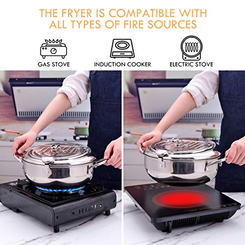 cuomaop Deep Fryer Pot,304 Stainless Steel with Temperature Control and Lid Japanese Style Tempura Fryer Pan Uncoated Fryer Diameter: 11 inch