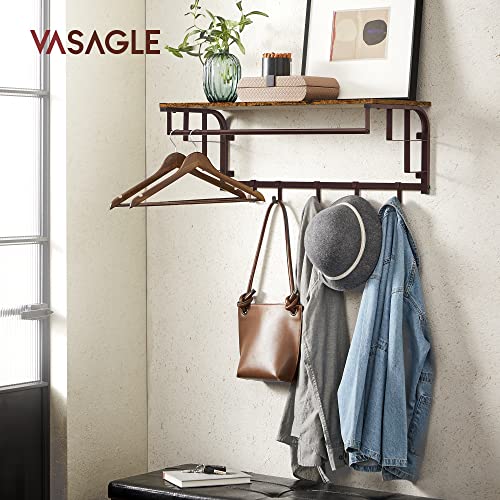 VASAGLE Wall-Mounted Coat Rack, Wall Hook Rack with Hanging Rod, Storage Shelf, Laundry Room Shelf with Hooks, for Entryway, Bathroom, Rustic Brown and Bronze ULCR105A01