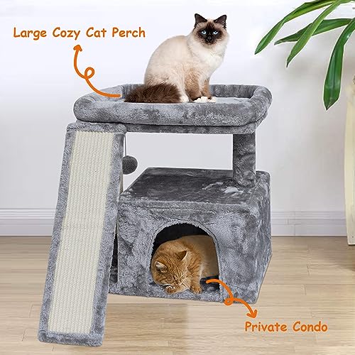 SIYIPURR Small Cat Tree for Indoor Cats，Cat Tower with Cat Scratching Post and Board，Cat House with Cat Perch for Kitten, Cat Condo,Stable Cat Stand (Light Grey)