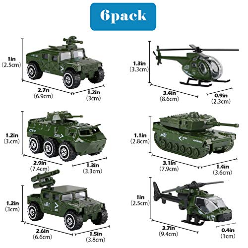 Hautton Diecast Toy Vehicles, 6 Pack Alloy Metal Action Toys Model Cars Playset Tank, Jeep, Panzer, Attack Helicopter, Anti-air Vehicle, Scout Helicopter for Kids Boys Toddlers