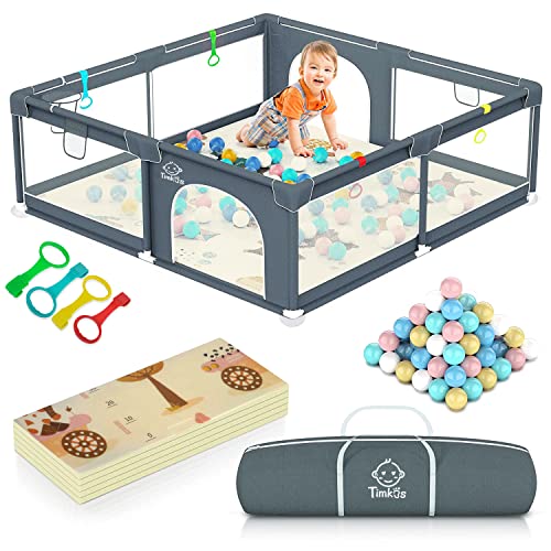 Baby Playpen with Mat 180×150cm, Baby Play Pen Extra-Large Playpens Play Mat with 50 Balls Pit, 4X Handlers, Baby Playmat, Basket Net for Toddler Babies with Breathable Mesh, Christmas Gifts