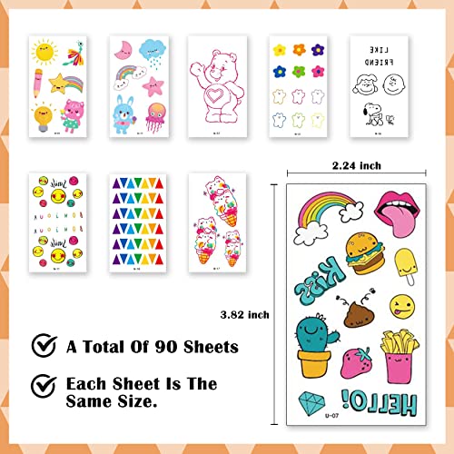 YUNAI 90 Sheets Temporary Tattoo Kids, Waterproof Cute Animals Anime Rainbow Girl Face Tattoo, Children Temporary Tattoo Toys for Birthday Parties Supplies Favors Kids Boys Girls School Rewards Gifts