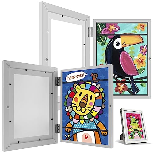 2Pcs Kids Art Frame A4 Front Opening Artwork Display Storage Frames with Stand Wooden Kids Art Display Frame for 100 Pictures Horizontal and Vertical Display for Crafts Drawing 3D Artwork(white)