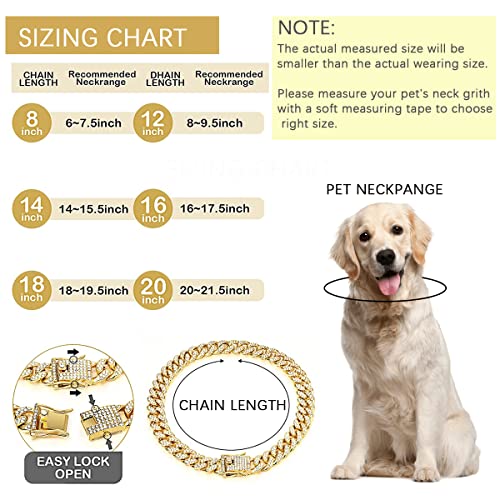 Dog Chain Diamond Cuban Collar Walking Metal Chain Collar with Design Secure Buckle, Pet Cuban Collar Jewelry Accessories for Small Medium Large Dogs Cats (14 Inch)