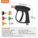 VEVOR Short Pressure Washer Gun, 4350 PSI High Power Washer Spay Gun, M22-14,15mm Inlet & 1/4'' Outlet, Without Nozzle Holder, Stainless Steel Pressure Washer Handle with 5 Quick Connect Nozzles