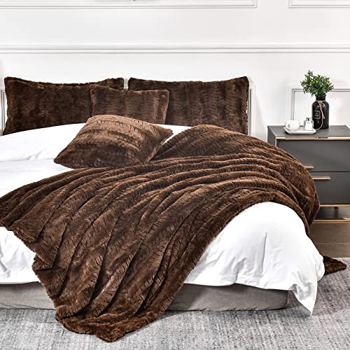 YUSOKI Luxury Double Sided Faux Fur Throw Blanket(Without Pillows),Soft Fuzzy Fluffy Cozy Blanket Plush Furry Comfy Warm Blanket for Couch Bed Chair Sofa Bedroom Men Boys Gift(Brown,50" x 63")