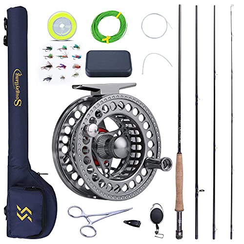 Sougayilang Fly Fishing Rod and Reel Combo, 4 Pieces Ultra Lightweight Portable Fly Rod and CNC Machined Aluminum Alloy Reel Complete Starter Package with Rod Bag-
